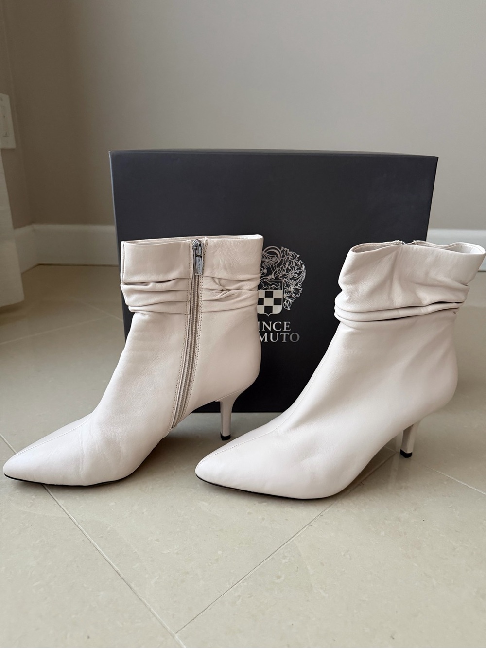 Vince Camuto Cream Leather Pointed-Toe Slouch Ankle Boots